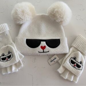 Karl Lagerfeld White Knit Pom-Pom Beanie & Fingerless Gloves Set